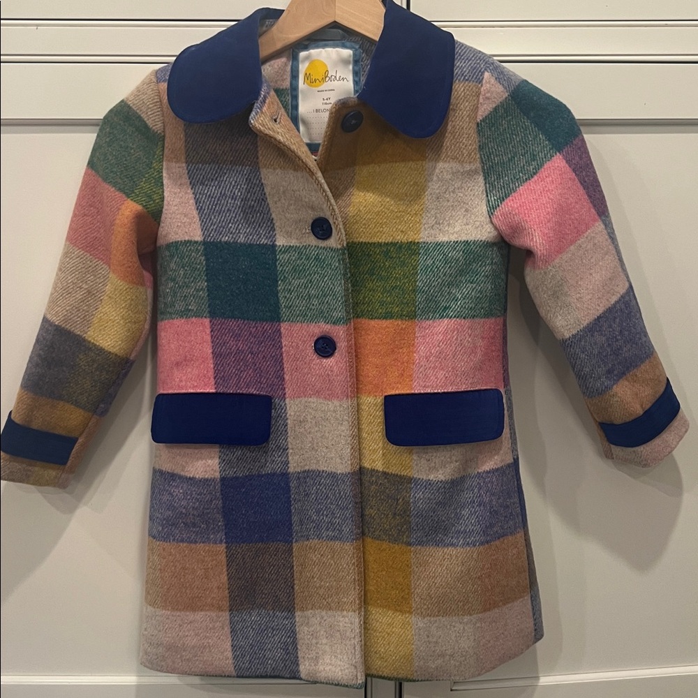 Mini Boden Multicolor Plaid Wool Coat with Blue Accents